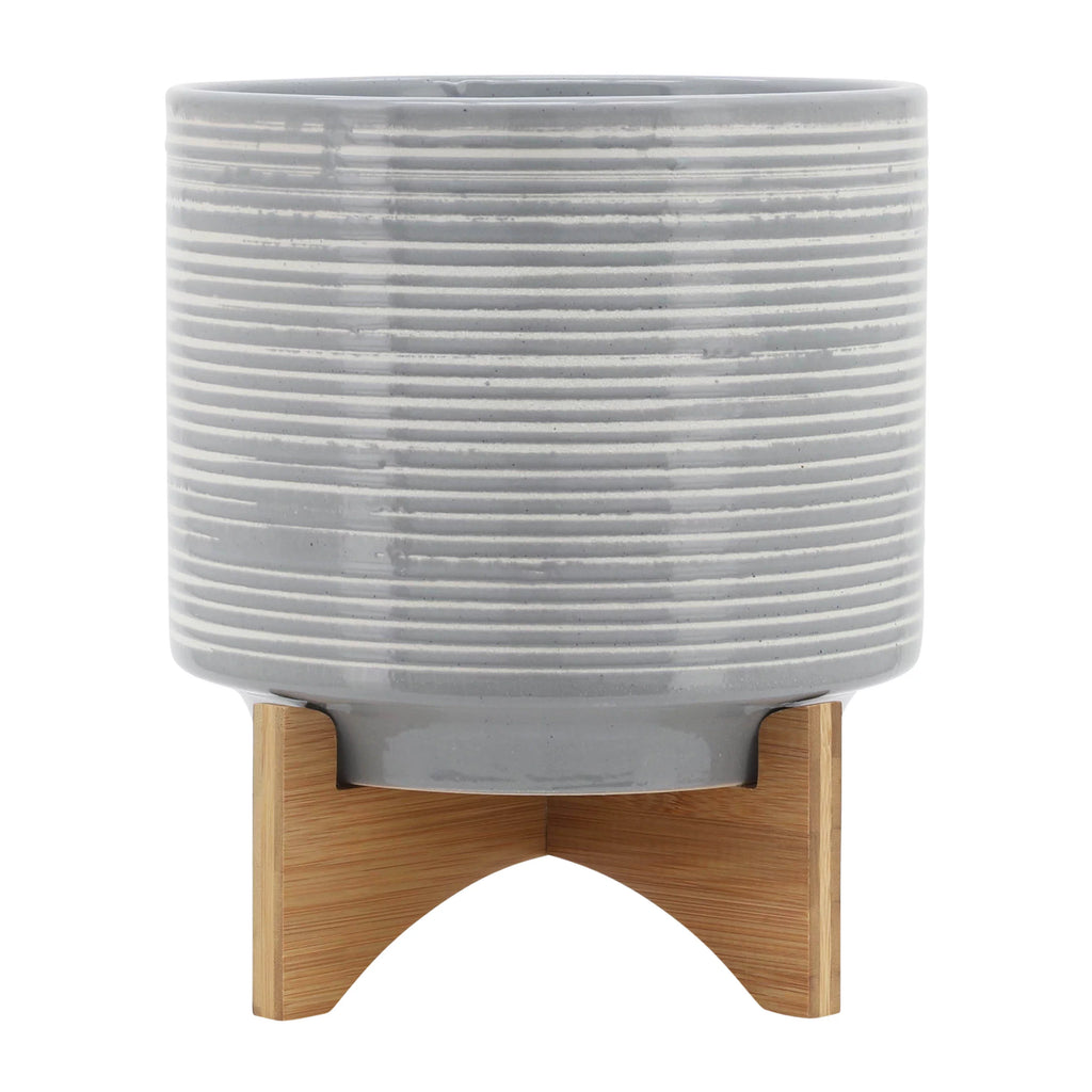 10" Round Striped Ceramic Planter On Stand E530923