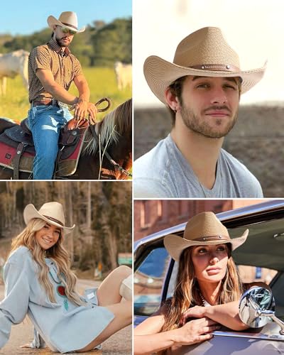 Straw Cowboy Sun Hats with Wind Lanyard UPF 80+ O706833