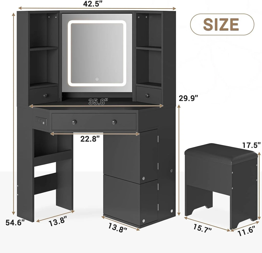 Black Makeup Desk with Lighted Mirror and Charging Station V393582
