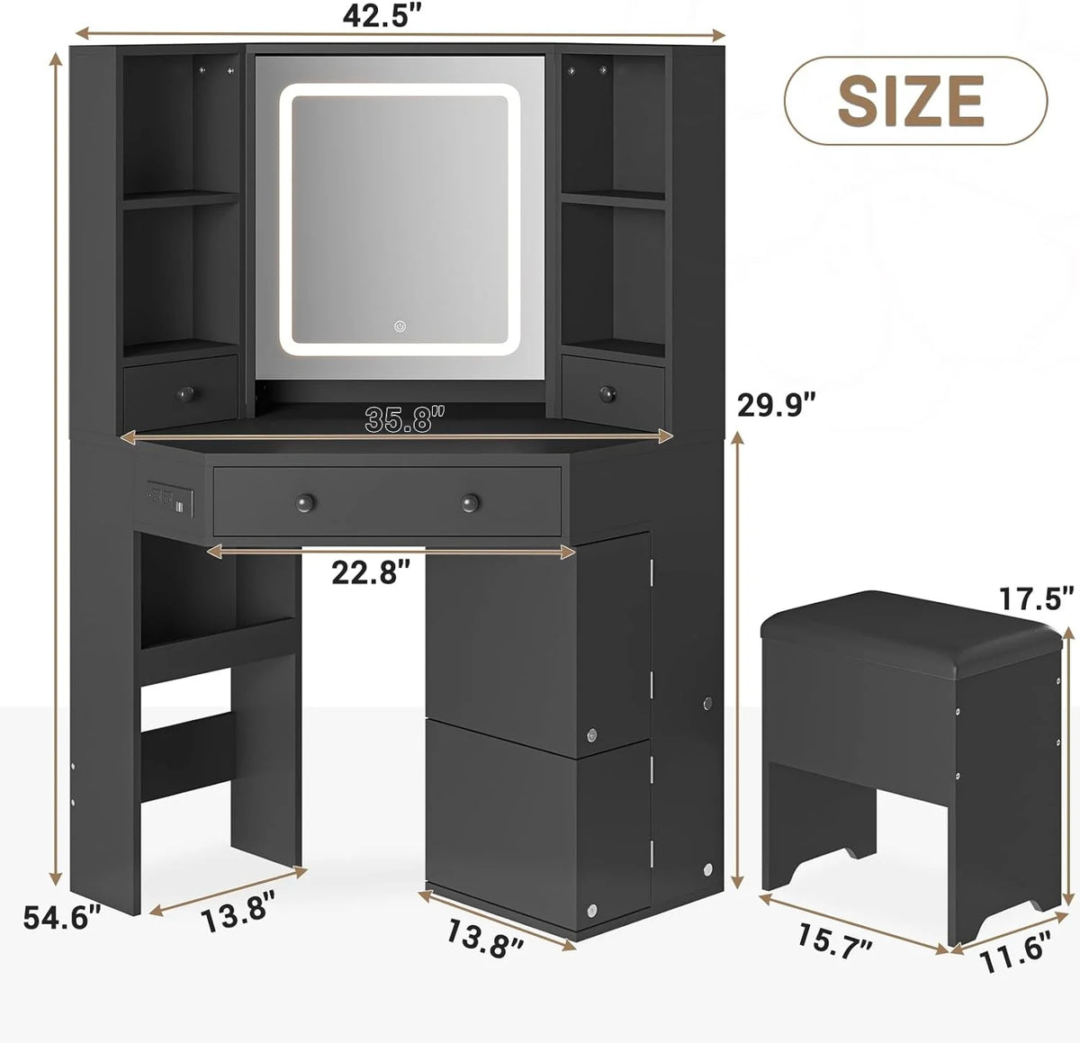 Black Makeup Desk with Lighted Mirror and Charging Station V393582