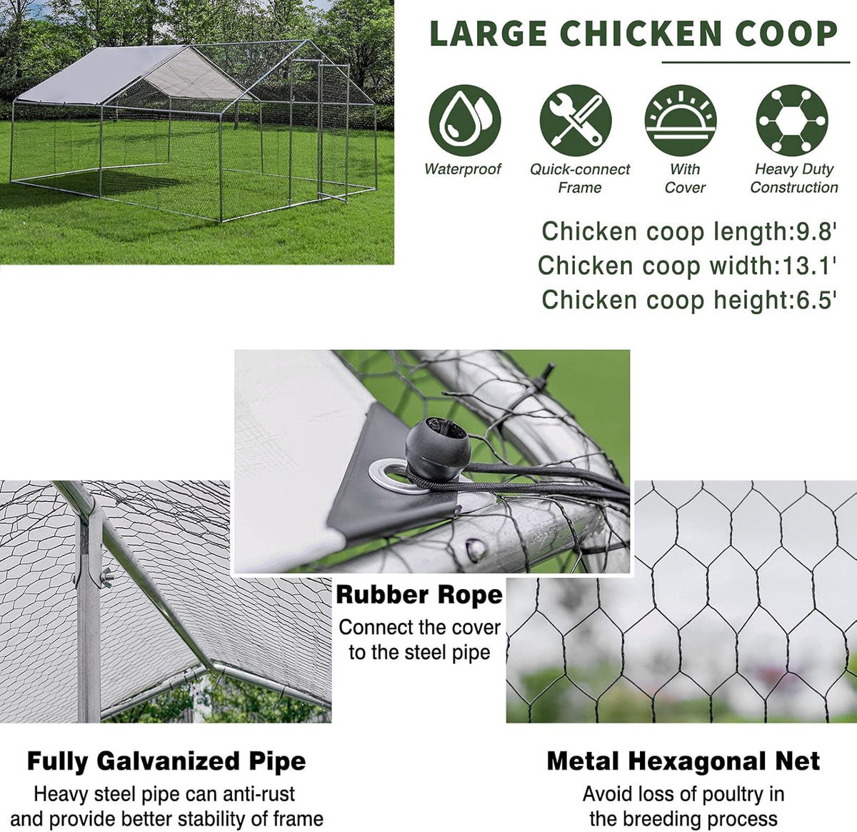 Large Metal Chicken Coop with Waterproof & Anti-UV Cover, Galvanized Steel (9.8' x 13.1' x 6.5') C136