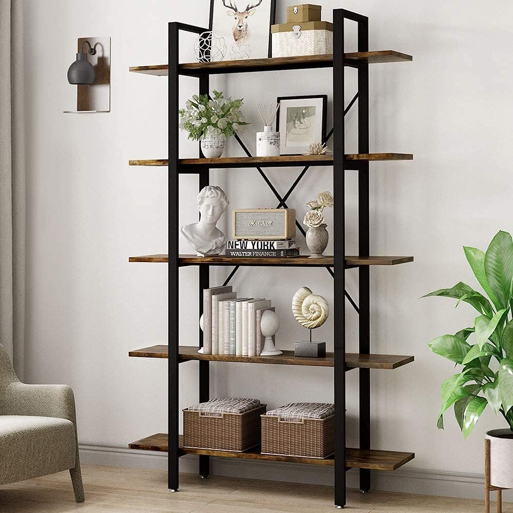 Large 5-Tier Open Bookcase with Wood & Metal Frame, Rustic Brown L95356