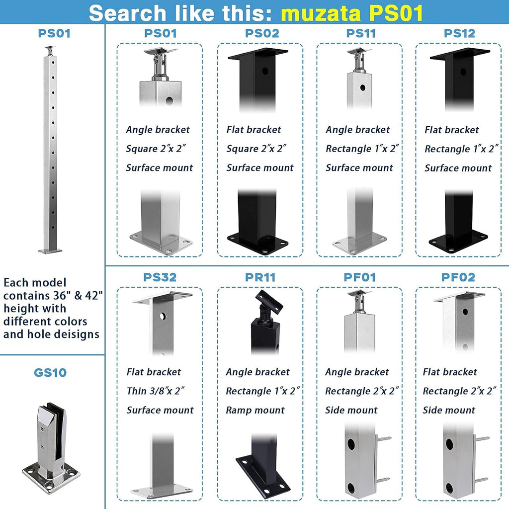 4PACK Brushed Stainless Steel Square Cable Railing Post 36''x2''x2'' Pre-Drilled C291593
