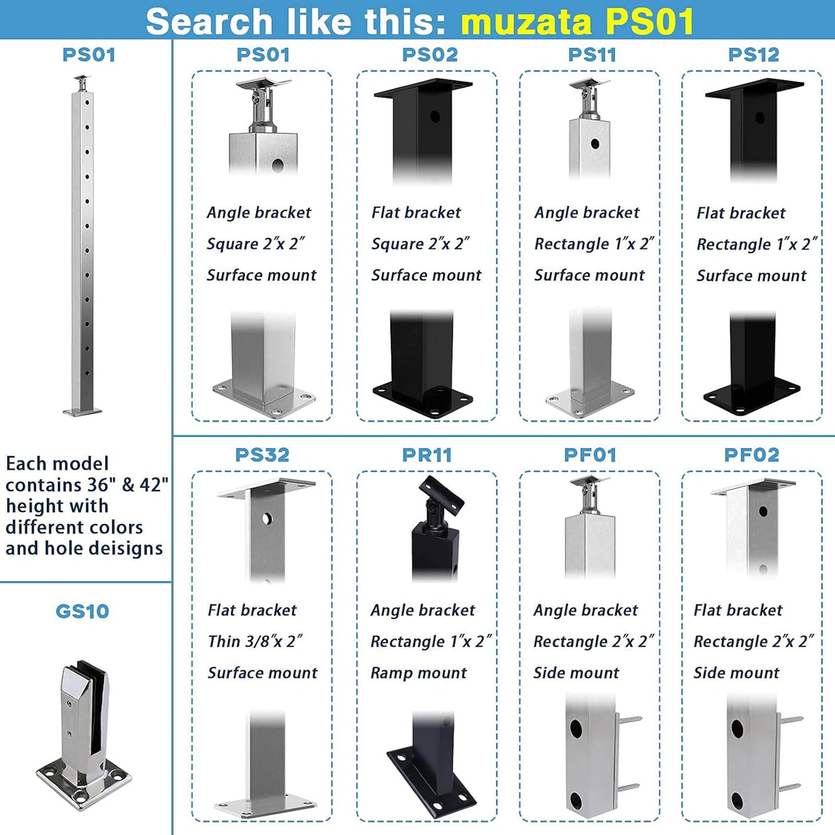 4PACK Brushed Stainless Steel Square Cable Railing Post 36''x2''x2'' Pre-Drilled C291593