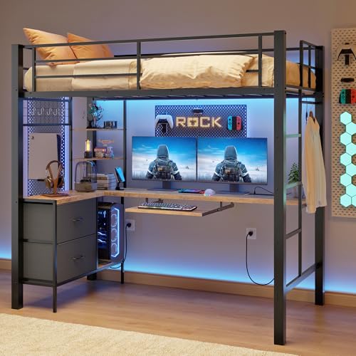Brown Twin Loft Bed with L-Shaped Desk and LED Lights H4473