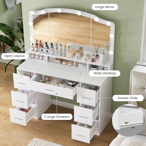 White 43.3" Vanity Desk with Lighted Mirror and 7 Drawers K123