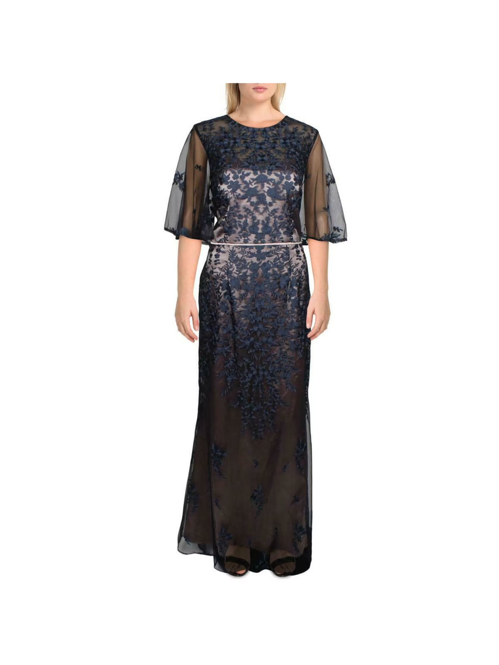 Navy Embroidered Lace Floral Formal Dress 10 C442