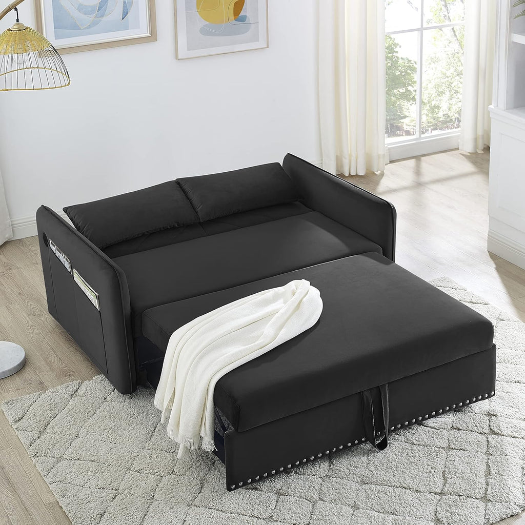 Black Velvet 3 in 1 Loveseat Sleeper Sofa with Pull Out Beds R8172