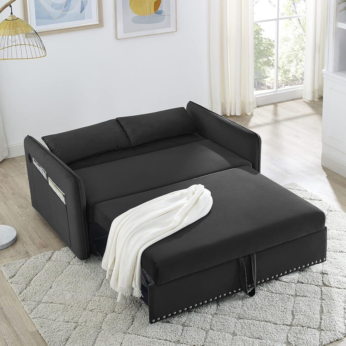 Black Velvet 3 in 1 Loveseat Sleeper Sofa with Pull Out Beds R8172