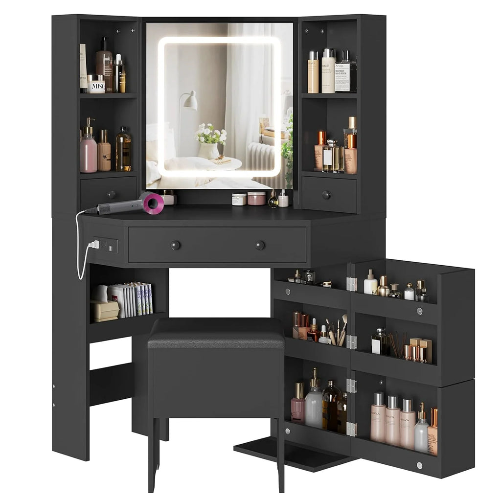 Black Makeup Desk with Lighted Mirror and Charging Station V393582