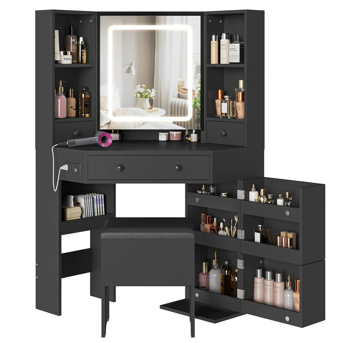 Black Makeup Desk with Lighted Mirror and Charging Station V393582
