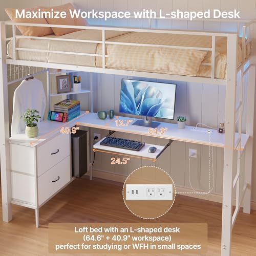 Brown Twin Loft Bed with L-Shaped Desk and LED Lights H4473