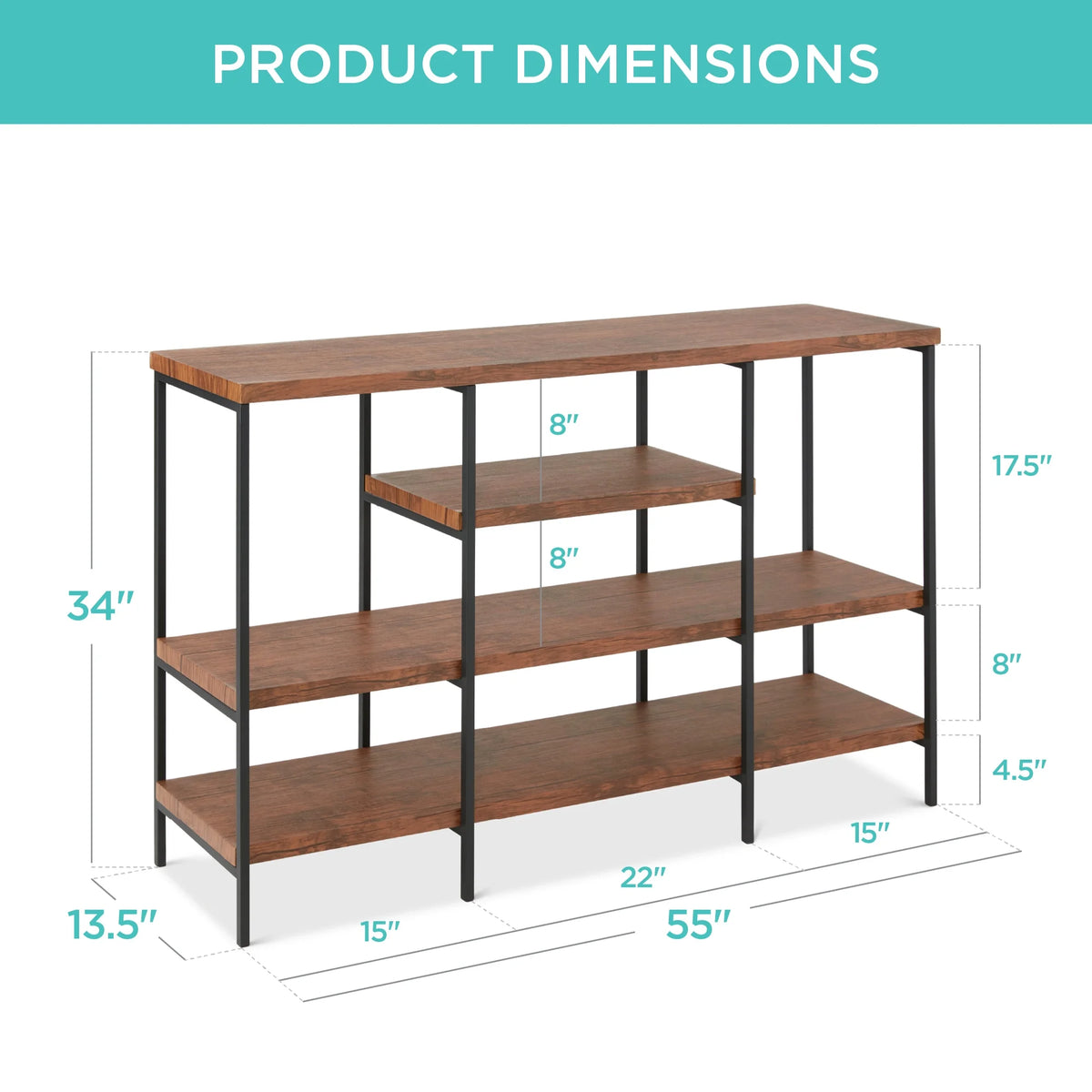 Industrial 4-Tier Console Table with Tall Shelves, Metal Frame B817436