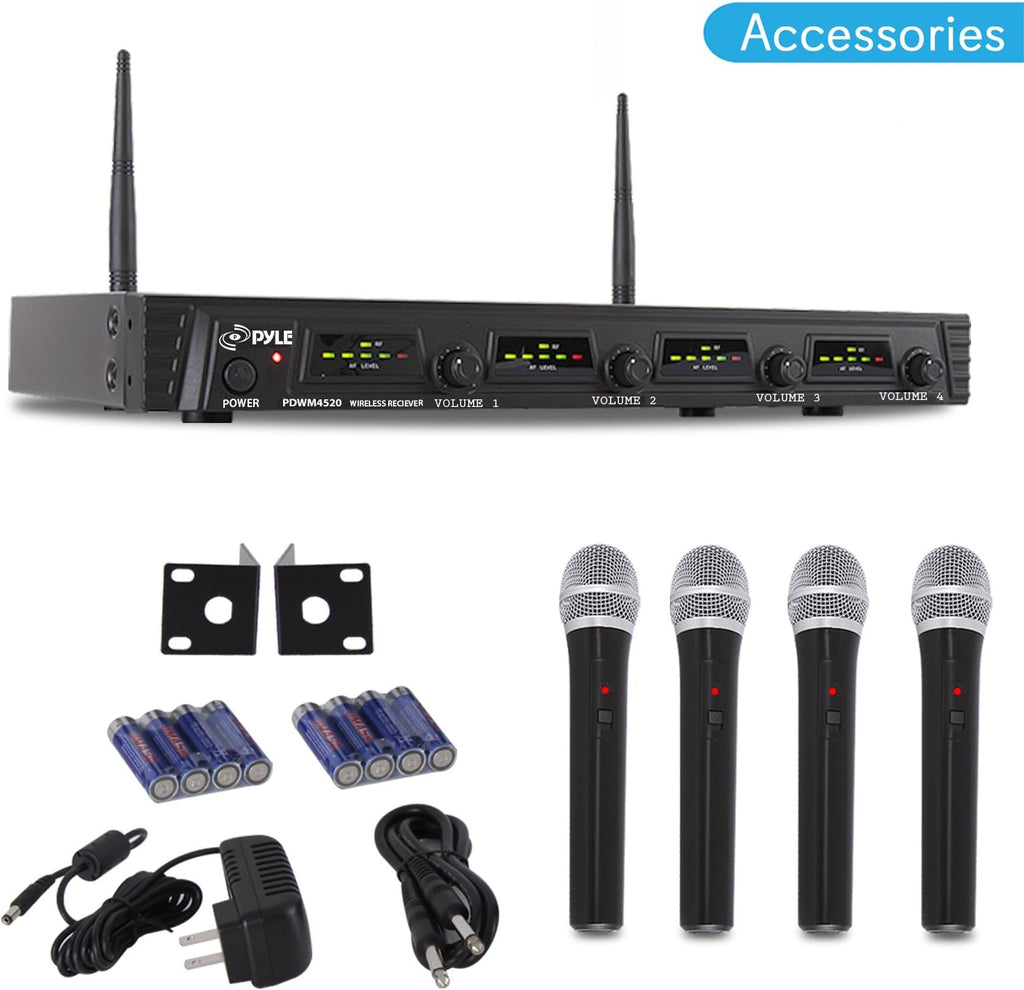 4 Channel Wireless Microphone System with 4 Handheld Dynamic Mic, Receiver, Dual Antenna, Black X97421