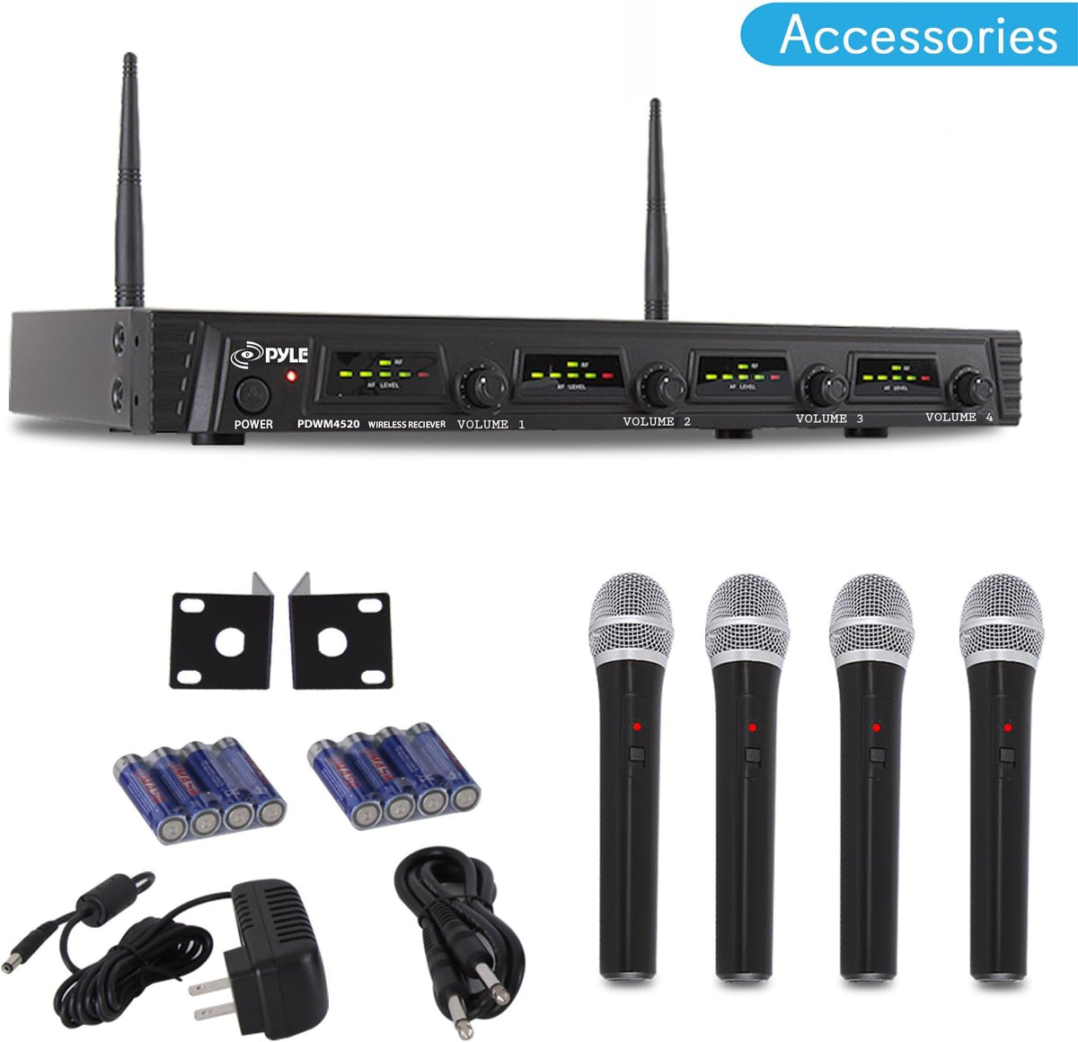 4 Channel Wireless Microphone System with 4 Handheld Dynamic Mic, Receiver, Dual Antenna, Black X97421