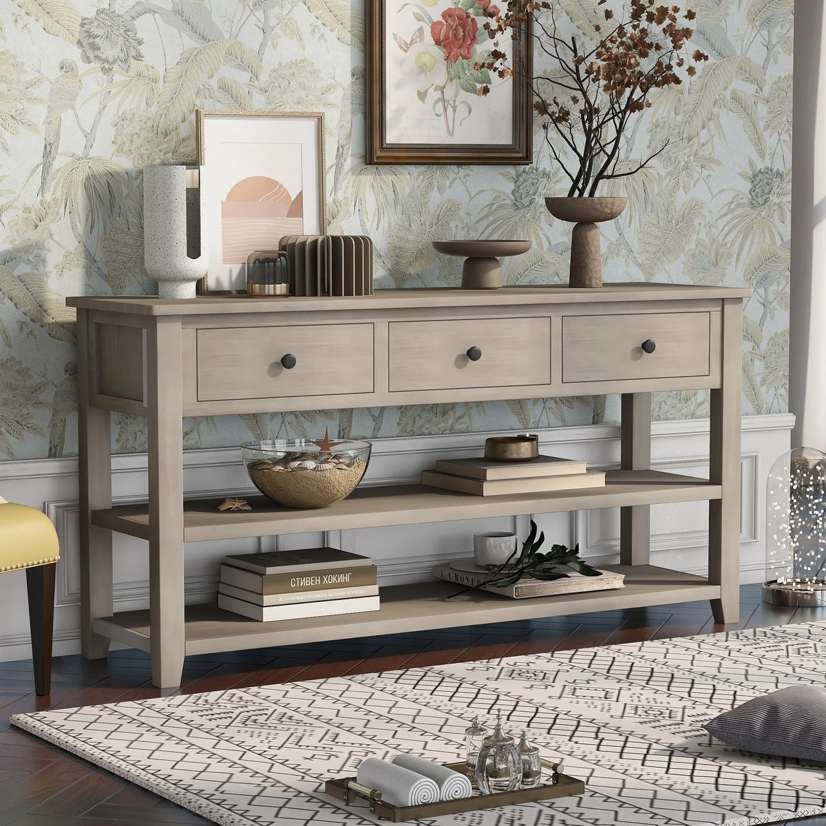 Solid Wood Console Table with Drawers and Shelves P830