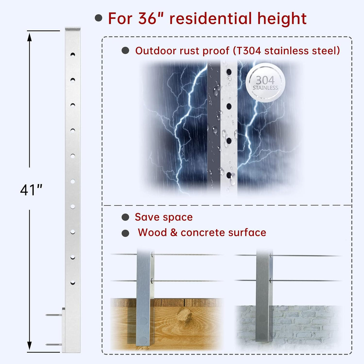 4PACK Brushed Stainless Steel Square Cable Railing Post 36''x2''x2'' Pre-Drilled C291593