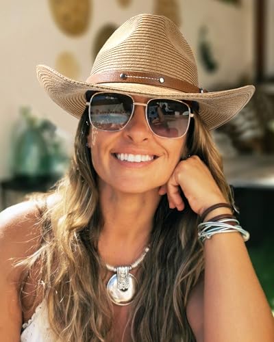 Straw Cowboy Sun Hats with Wind Lanyard UPF 80+ O706833