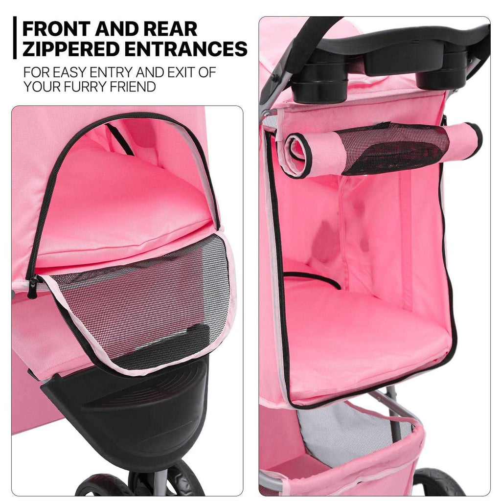Foldable 3 Wheels Pet Stroller with Storage Basket and Cup Holder C8362