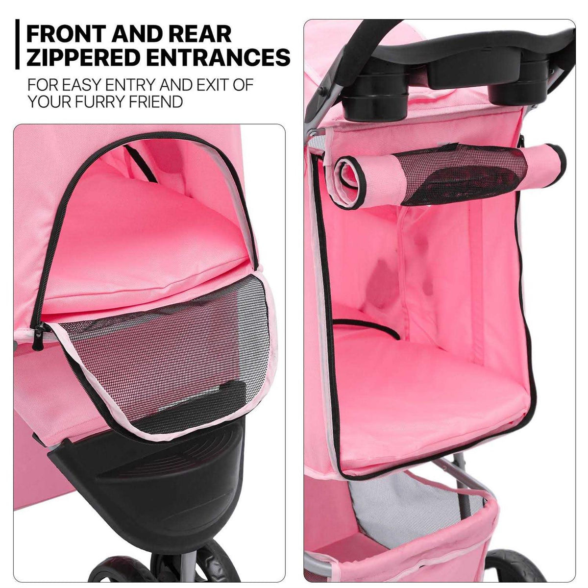 Foldable 3 Wheels Pet Stroller with Storage Basket and Cup Holder C8362