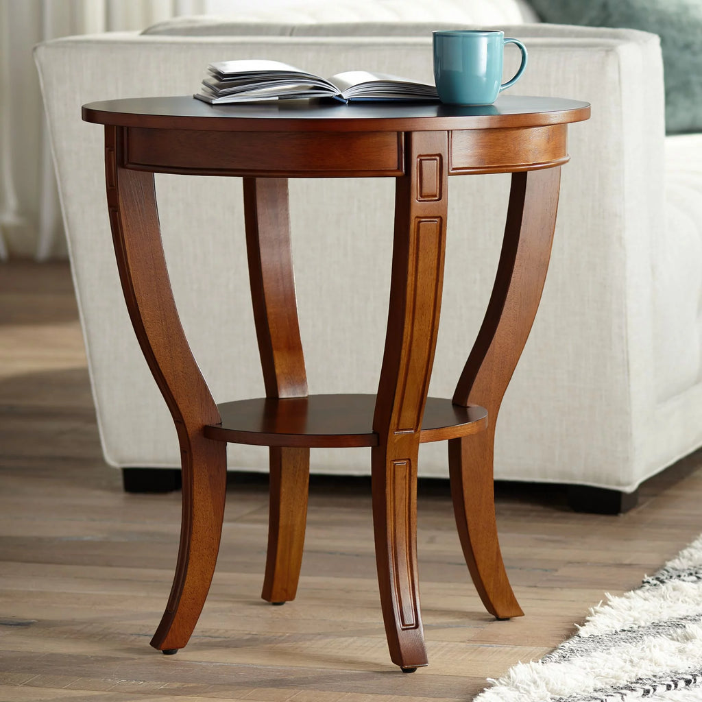 Vintage Cherry Wood Round Side Table with Lower Shelf N62122