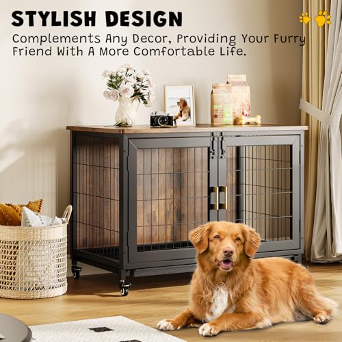 37.5 Inch Wooden Dog Crate with Wheels T60175