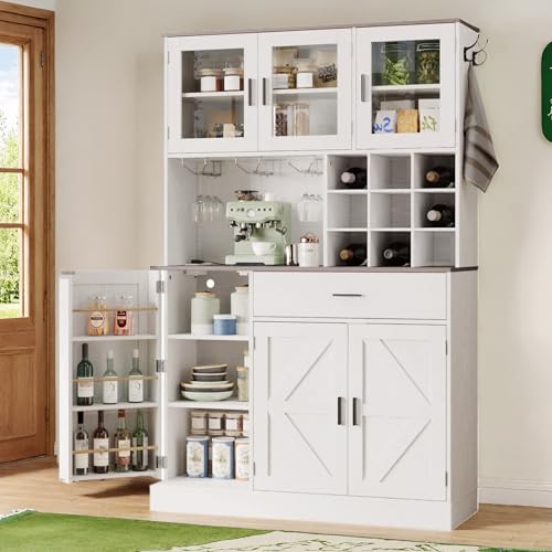 White Tall Kitchen Pantry Cabinet with Glass Doors and Adjustable Shelves S57358