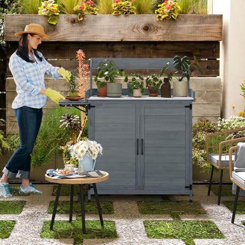 Solid Wood Potting Bench Table with Folding Pallet and Metal Tabletop, Grey I153