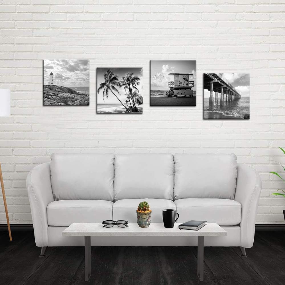Black and White Beach Wall Art Florida Seascape Painting Lighthouse Lifeguard Tower Pier Picture Print Framed Artwork Ready to Hang B767395