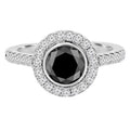 Round Black Diamond Bezel Set Halo Engagement Ring in 14K White Gold D949