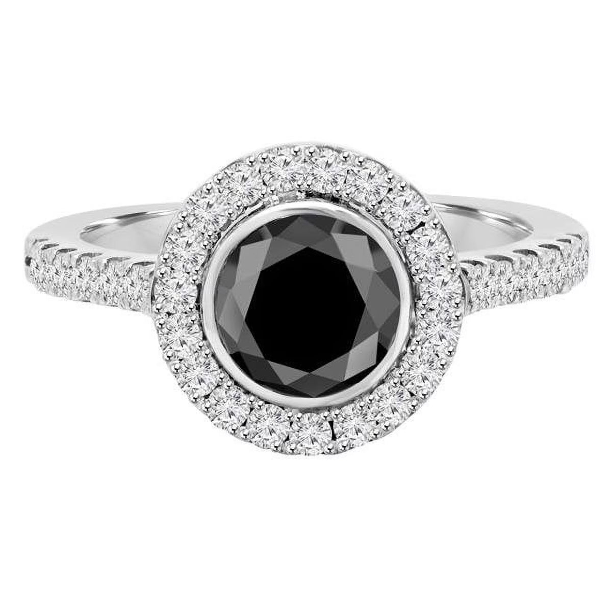 Round Black Diamond Bezel Set Halo Engagement Ring in 14K White Gold D949