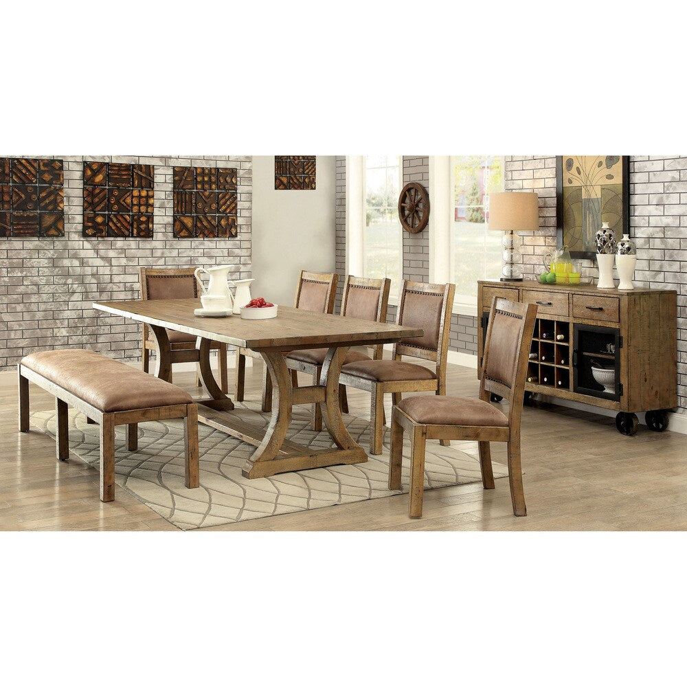 Rustic Wood Brown Faux Leather Dining Bench X59663