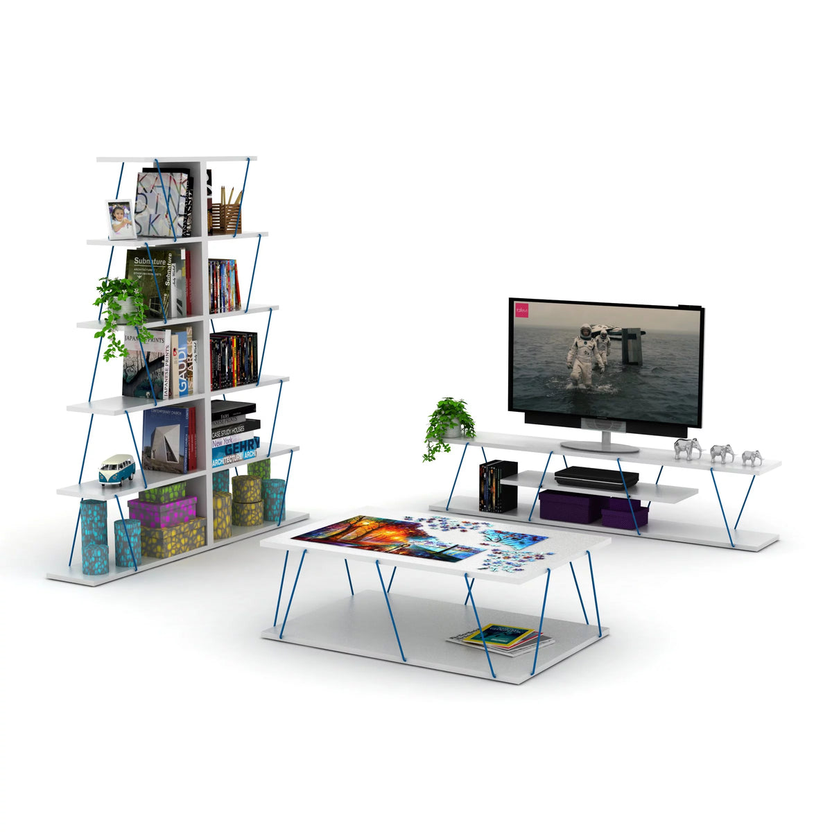 White Blue 4 Shelf 56 inch TV Stand O187