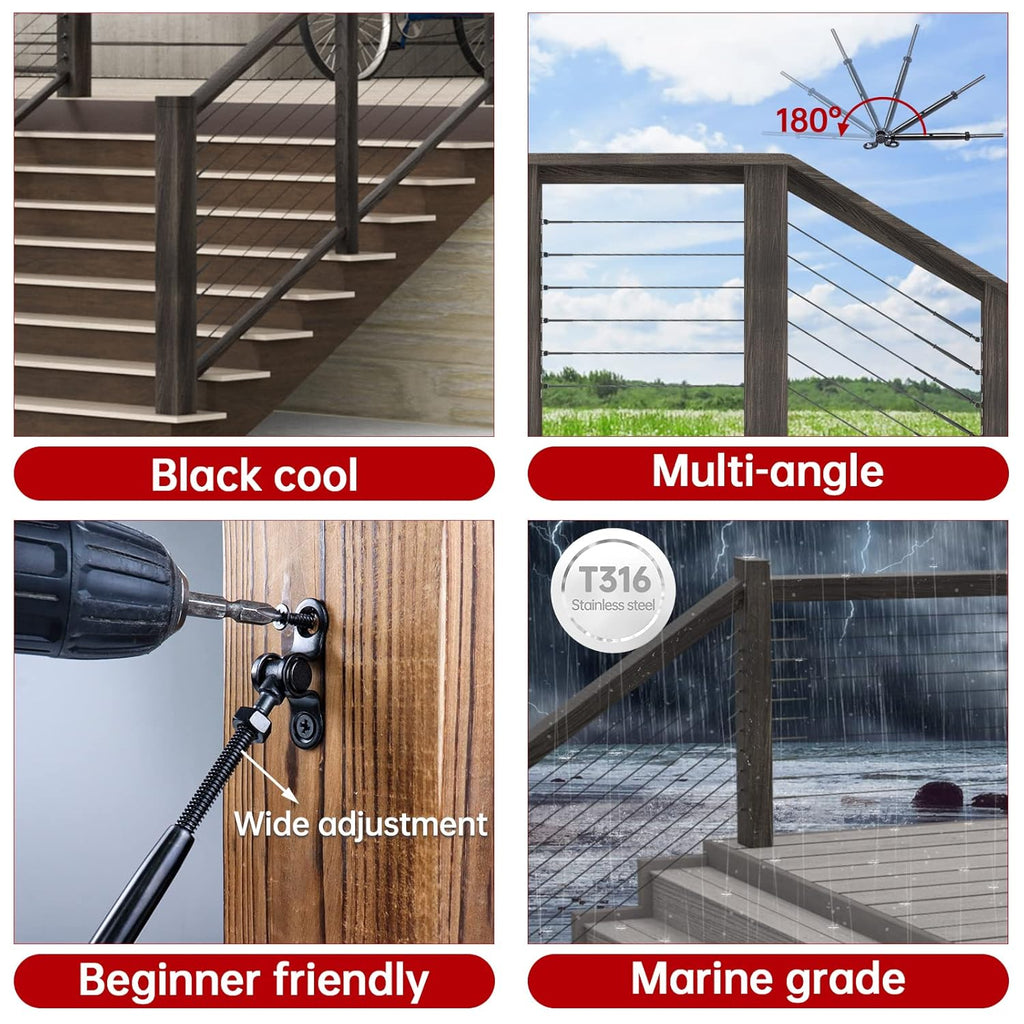 Black 10 Set 1/8 Cable Railing Kit T316 Stainless Steel Turnbuckle Hardware P846673