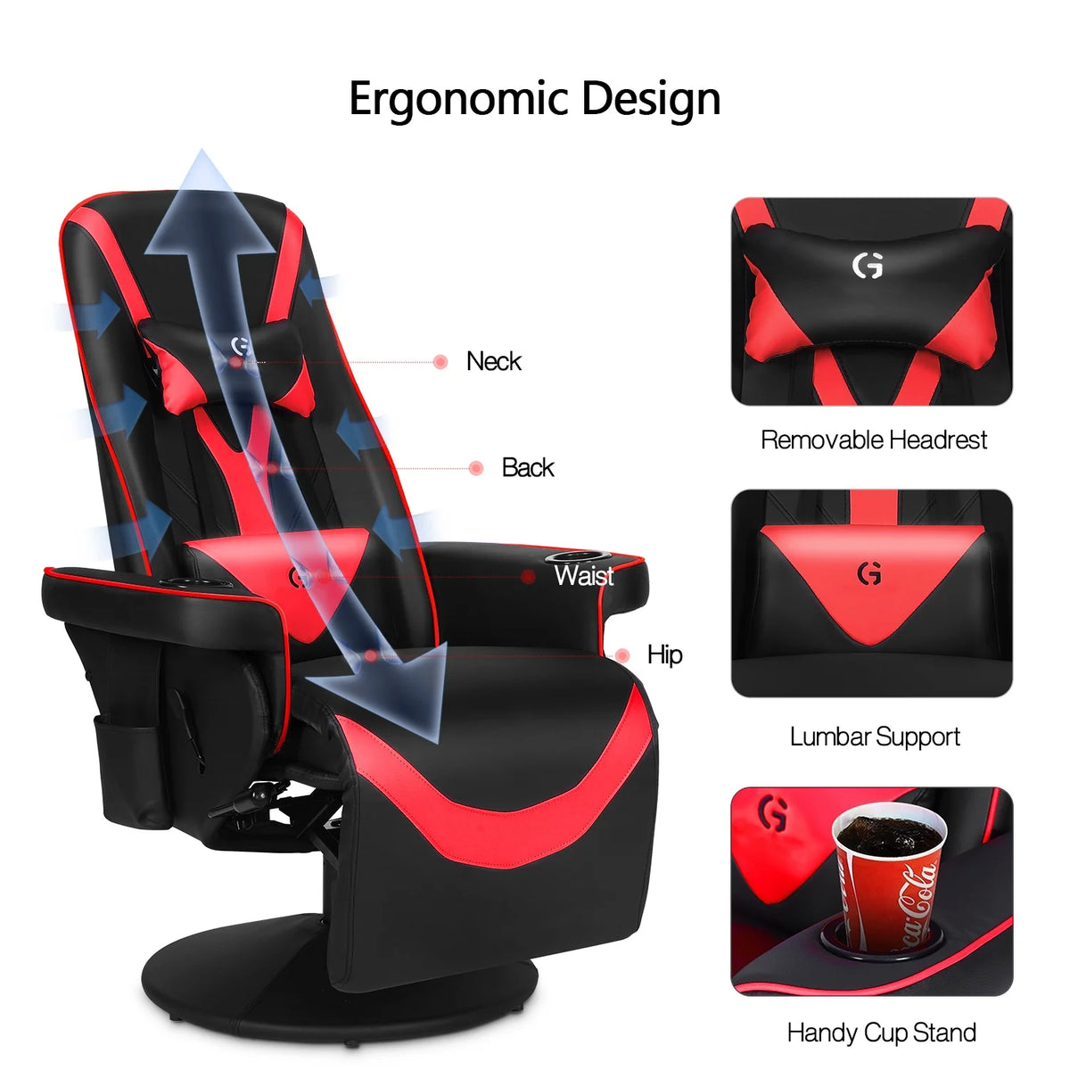 Queen Throne Video Gaming Chair Ergonomic Recliner Racing Chair with Footrest, Black Red J781473