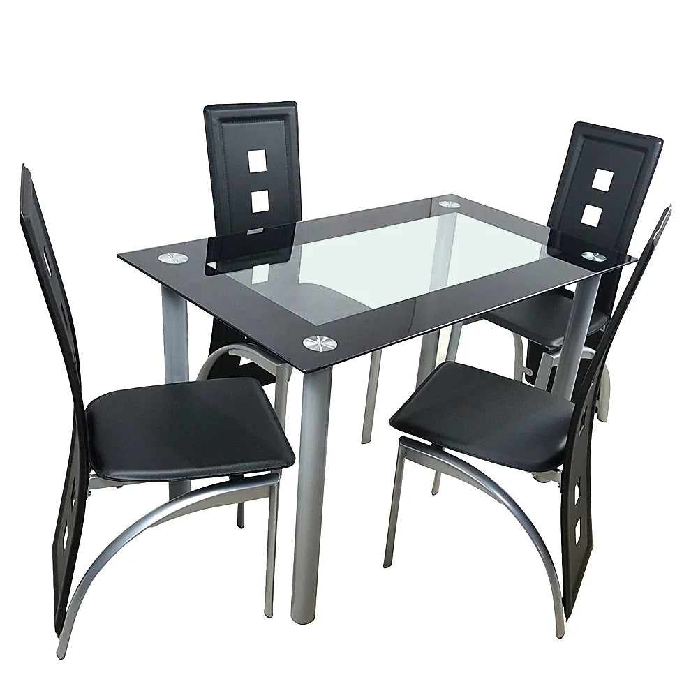 Transparent & Black Tempered Glass Dining Table Set with 4pcs Chairs L141