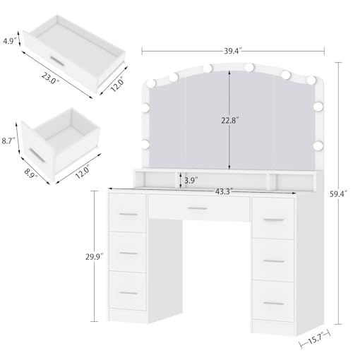 White 43.3" Vanity Desk with Lighted Mirror and 7 Drawers K123