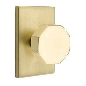 Satin Brass Double Dummy Octagon Door Knob with Modern Rectangular Rose M6439