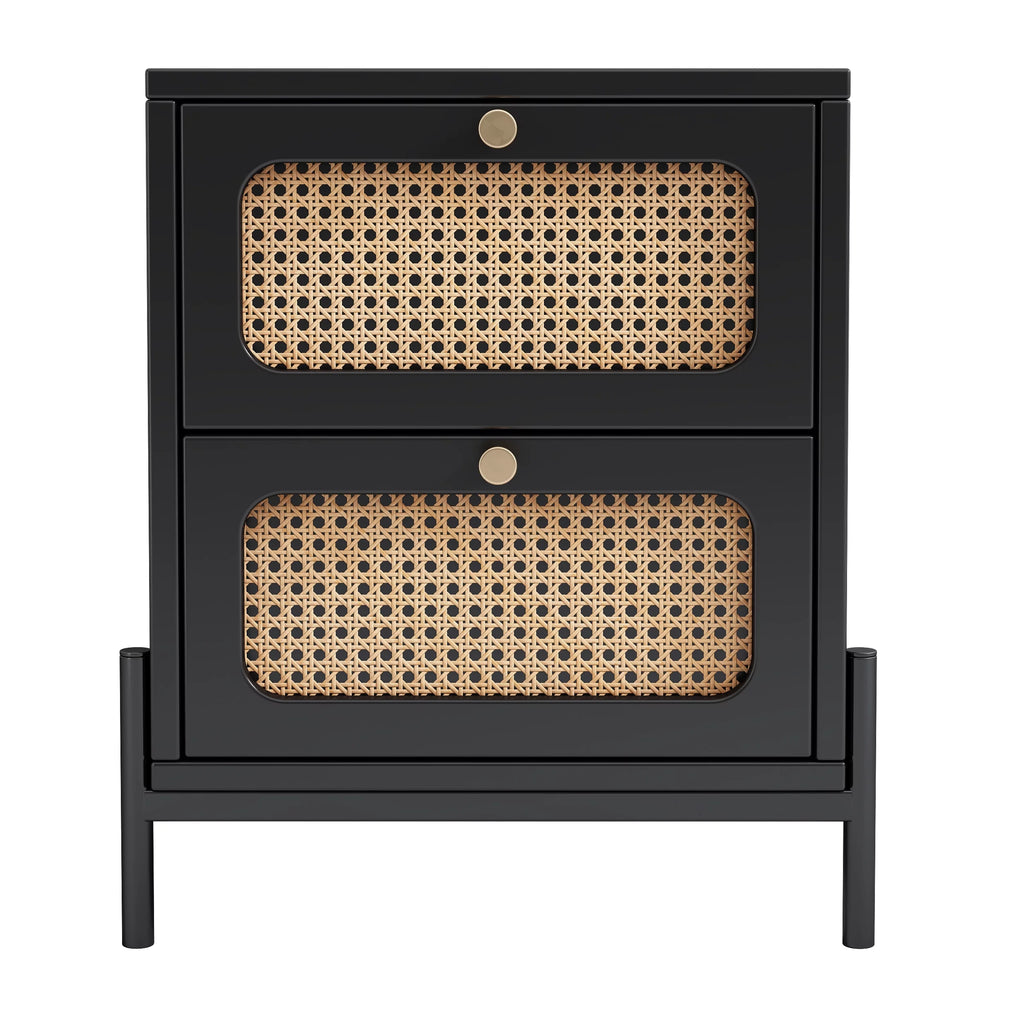Black 2-Drawer Rattan Wood Side Table S908