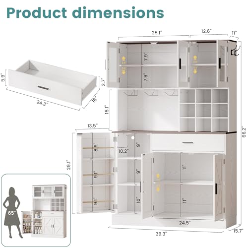 White Tall Kitchen Pantry Cabinet with Glass Doors and Adjustable Shelves S57358
