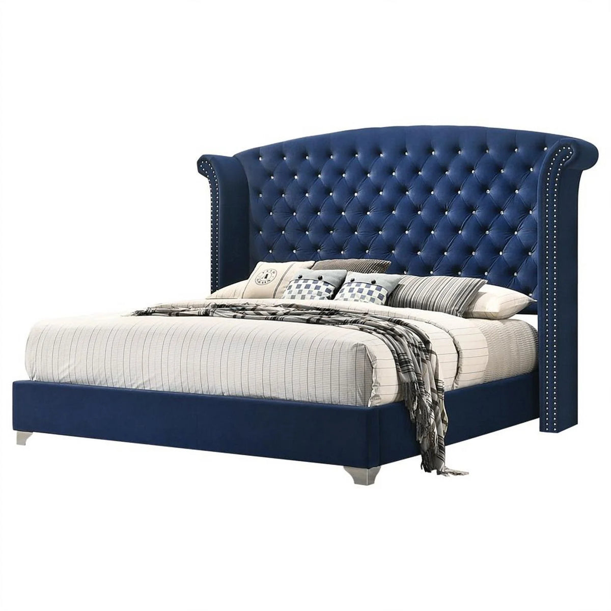Eastern King Wingback Velvet Upholstered Bed Pacific Blue C5201