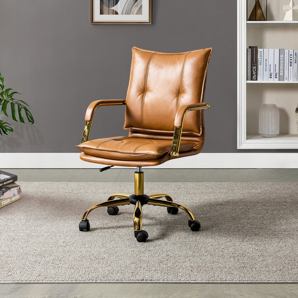 Camel Vegan Leather Task Chair with Tufted Mid Back Armrest Swivel Adjustable P402455