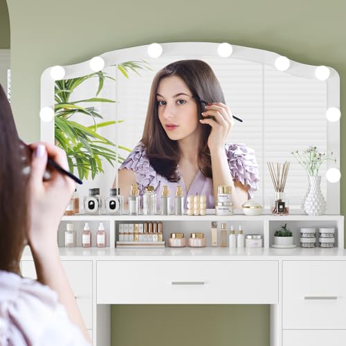 White 43.3" Vanity Desk with Lighted Mirror and 7 Drawers K123