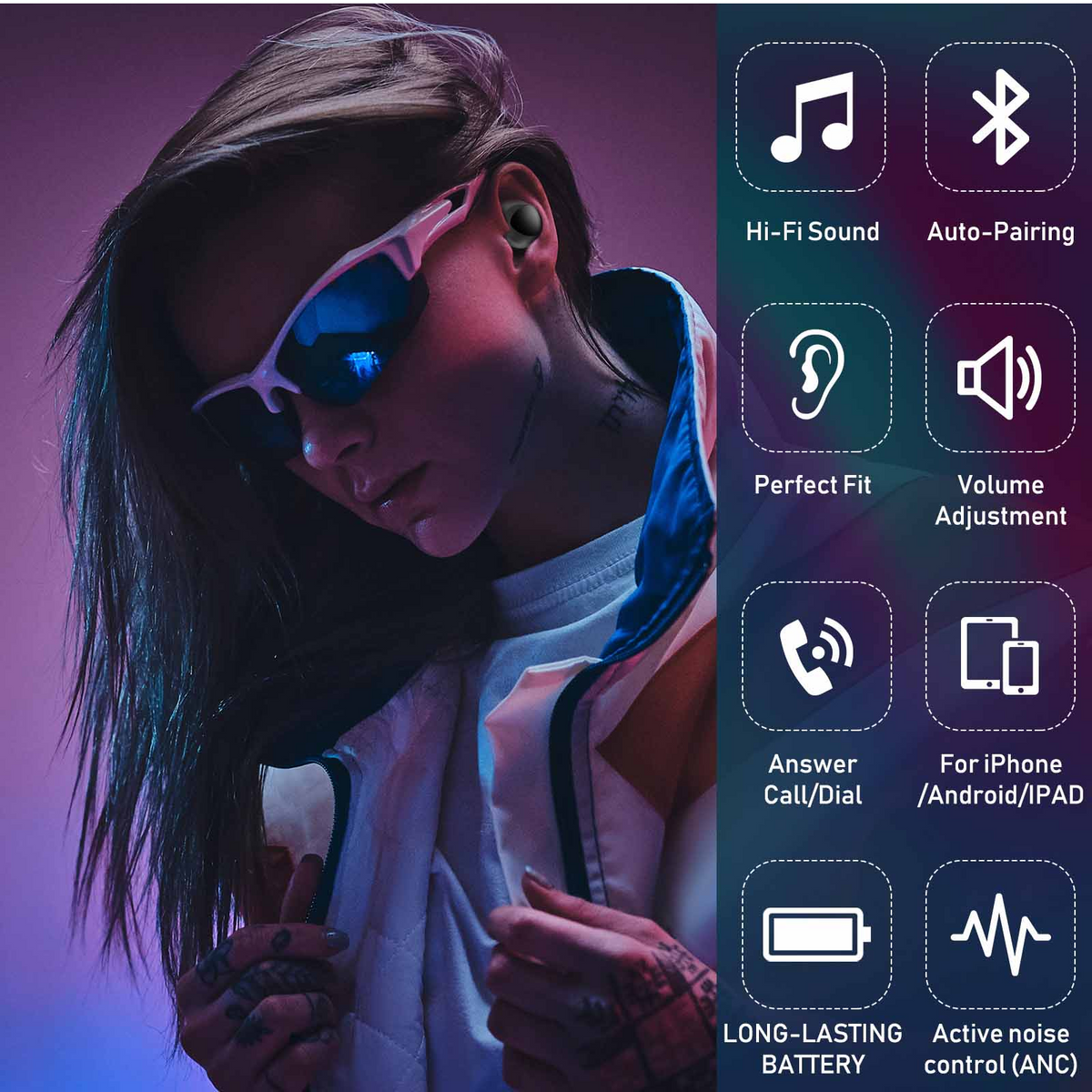 Black True Wireless Earbuds with Active Noise Cancelling Charging Case B5795