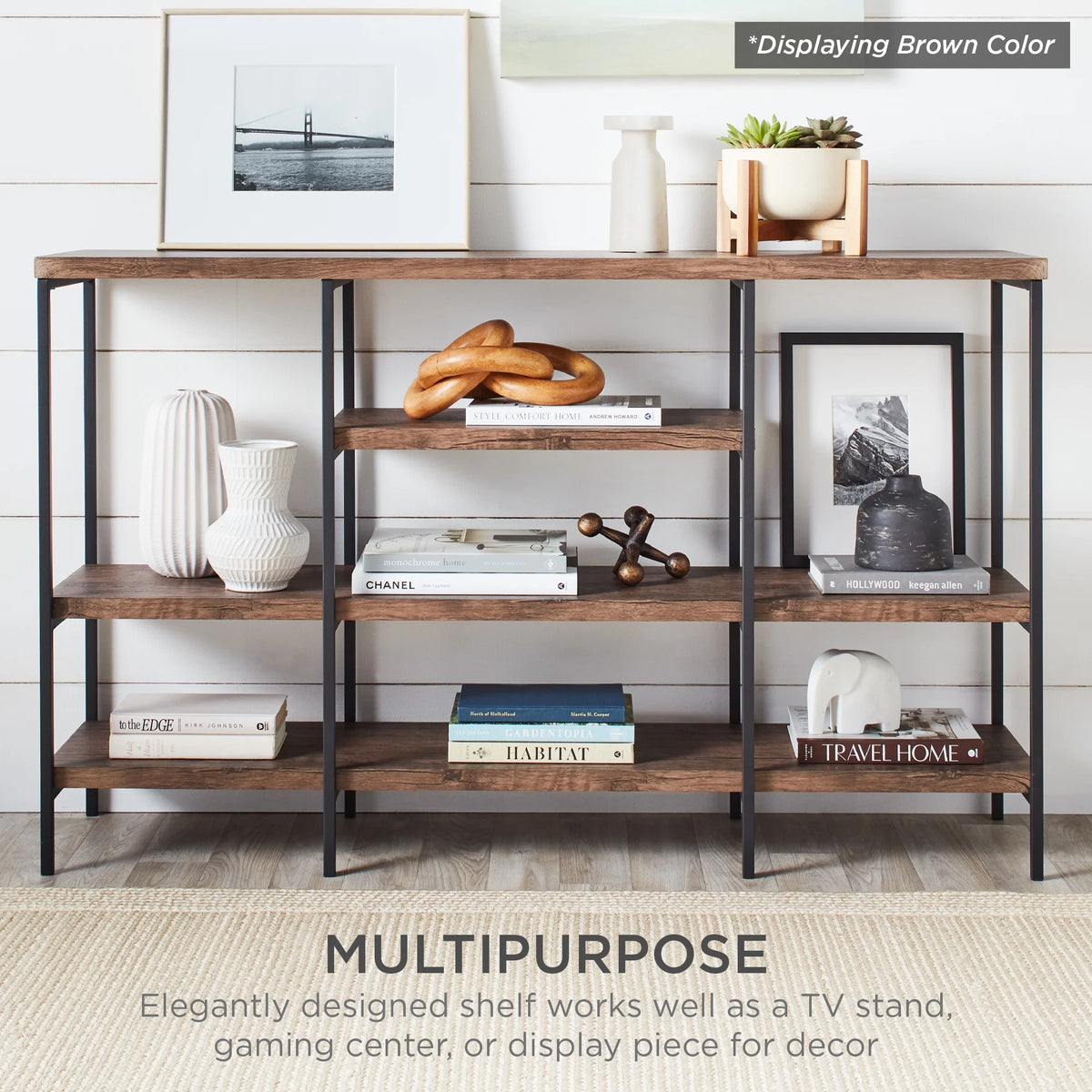 Industrial 4-Tier Console Table with Tall Shelves, Metal Frame B817436