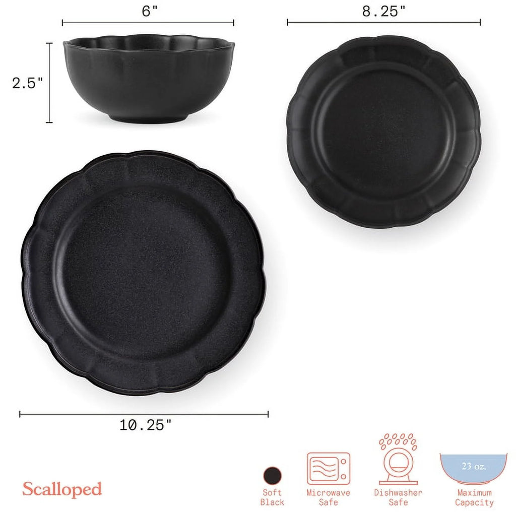 Black 12 Piece Stoneware Dinnerware Set S98573