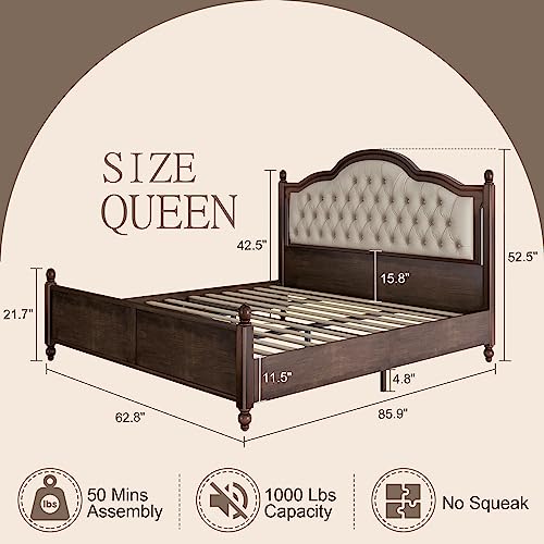 Walnut Queen Size Solid Bed Frame with Upholstered Tufted Headboard F2084