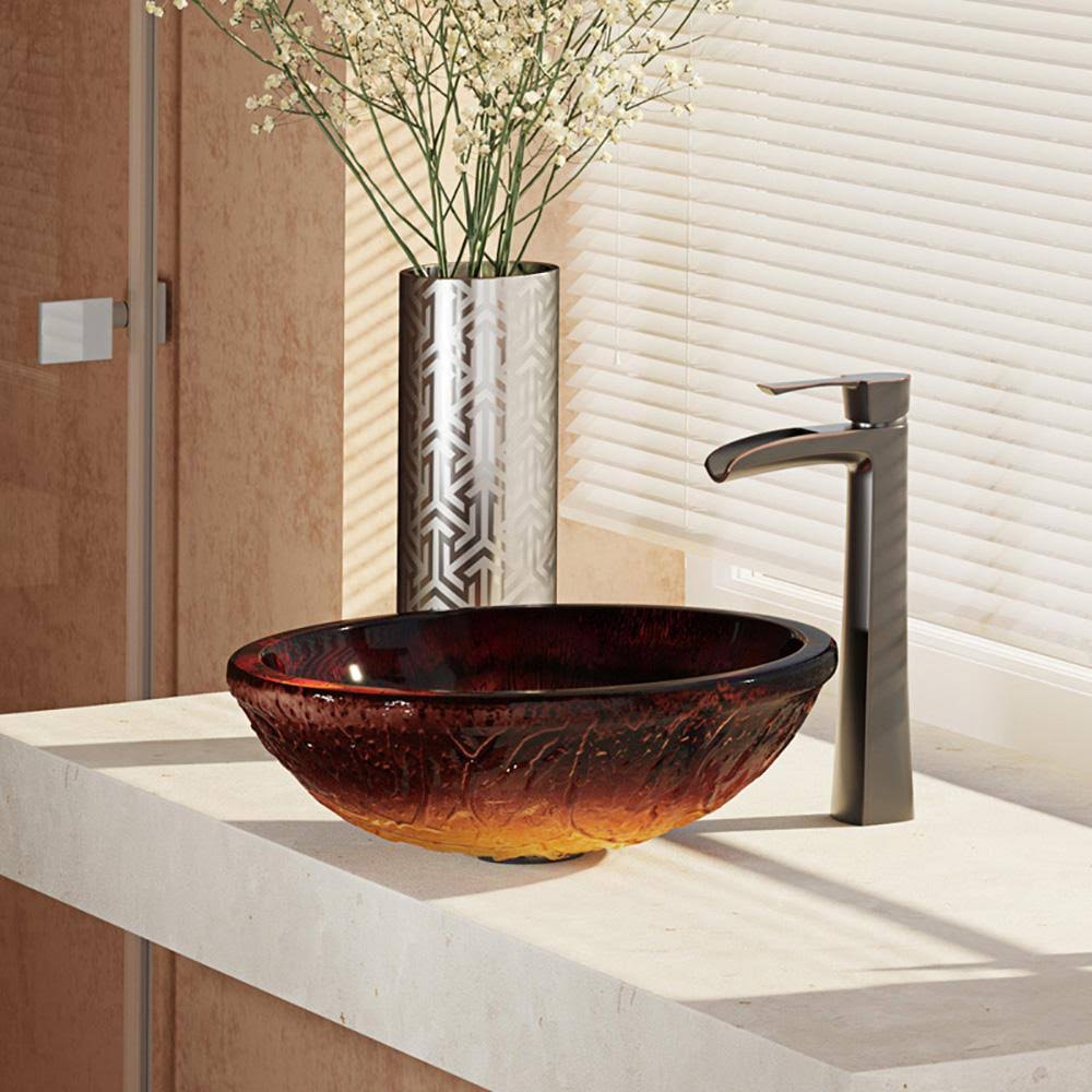 Red Lava Glass Vessel Bathroom Sink with Vessel Faucet T56242