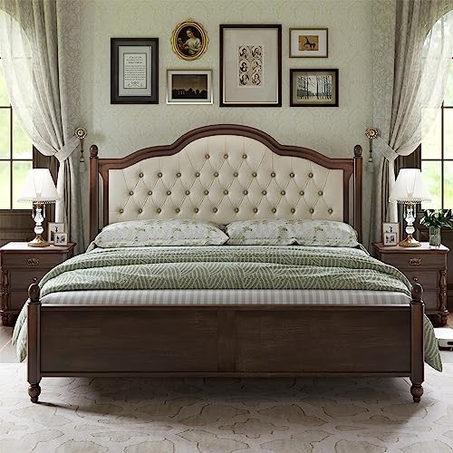 Walnut Queen Size Solid Bed Frame with Upholstered Tufted Headboard F2084