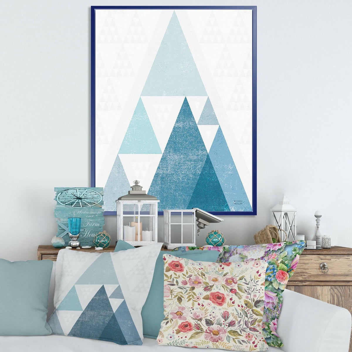 Minimal Triangles III Blue Framed Canvas I945008